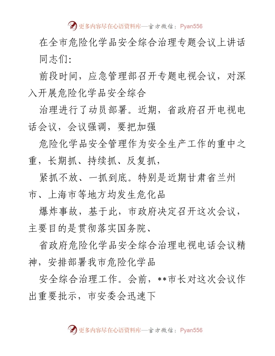 [发言] 全市危险化学品安全综合治理专题会议 - 加强危险化学品安全管理，确保安全生产稳定.docx_第1页