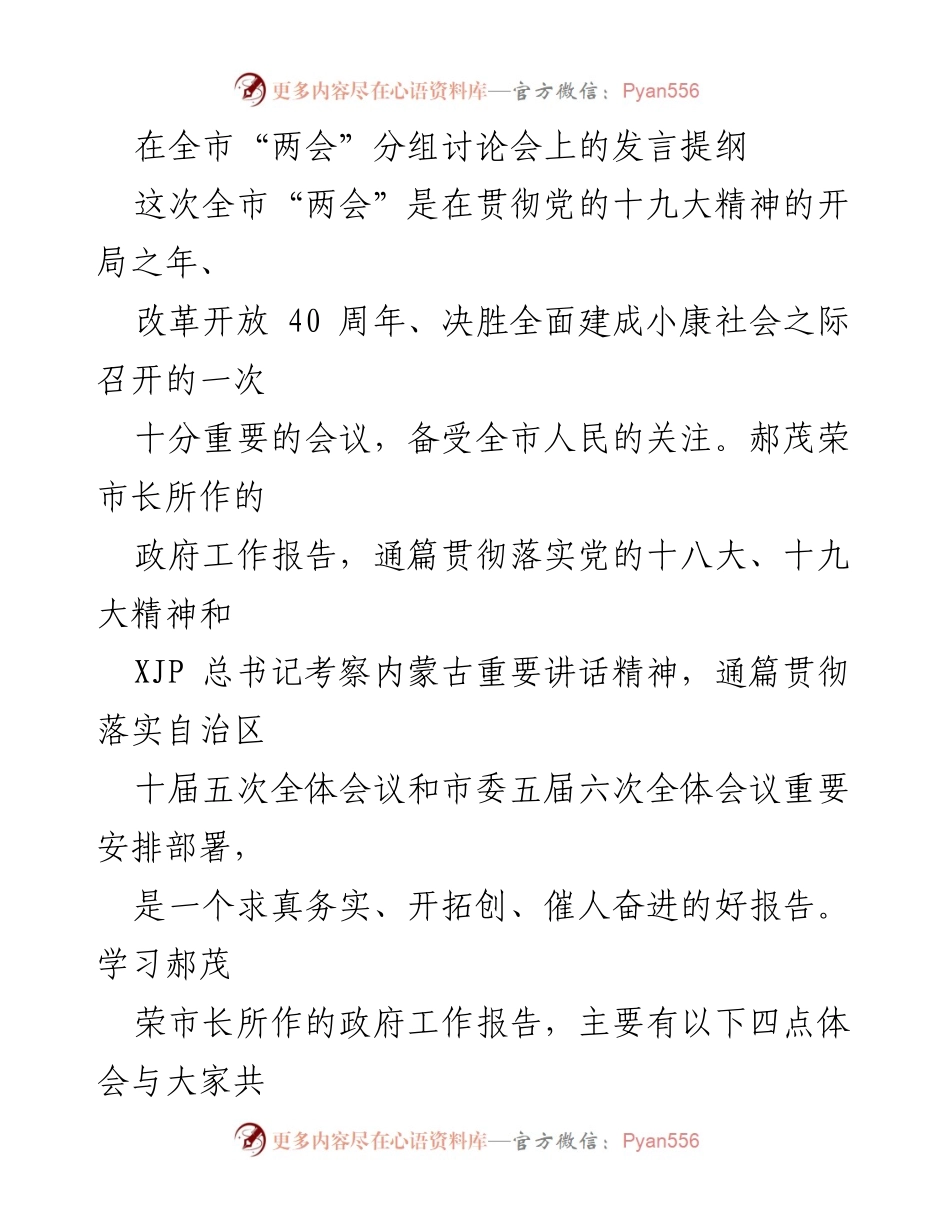 [发言] 全市“两会”分组讨论会 - 深入学习政府工作报告的体会与思考.docx_第1页