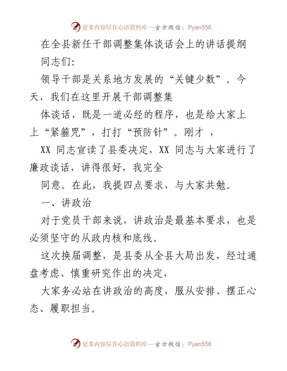 [发言] 全县新任干部调整集体谈话会 - 关键少数：新任干部的责任与要求.docx_第1页