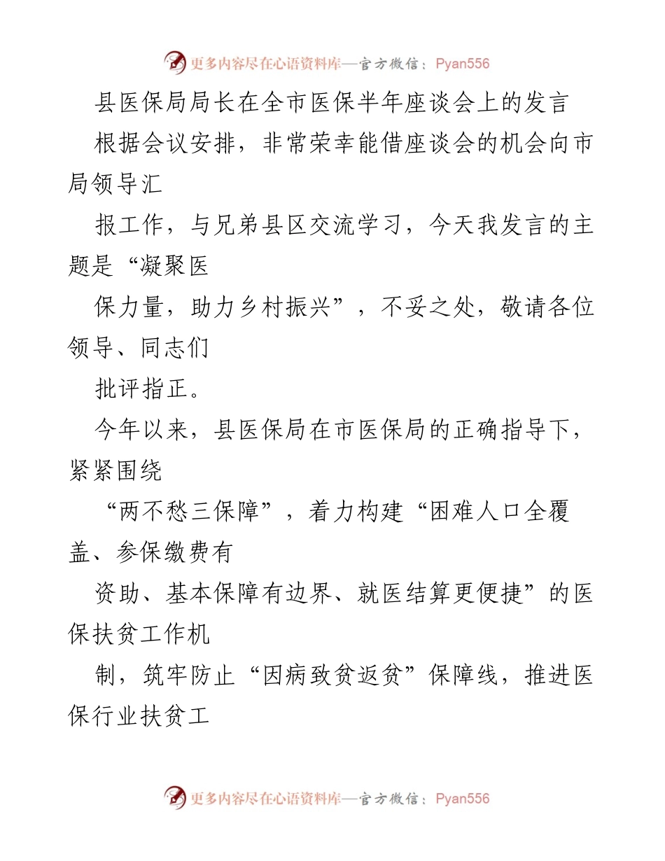 [发言] 全市医保半年座谈会 - 凝聚医保力量，助力乡村振兴_1.docx_第1页