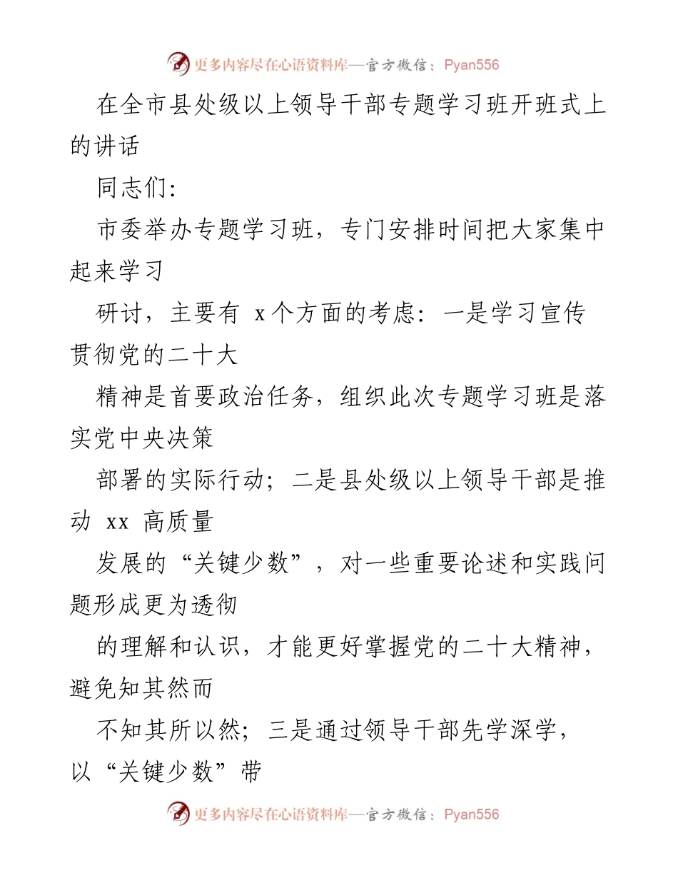 [发言] 全市县处级以上领导干部专题学习班开班式 - 深入学习贯彻党的二十大精神，推动高质量发展.docx_第1页
