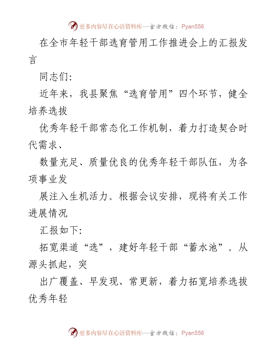 [发言] 全市年轻干部选育管用工作推进会 - 加强年轻干部选育管用机制，提升队伍建设质量.docx_第1页