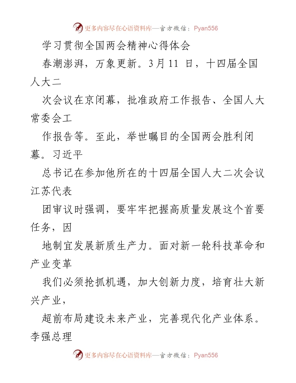 [发言] 全国两会精神学习 - 深入学习贯彻全国两会精神，推动新质生产力发展.docx_第1页