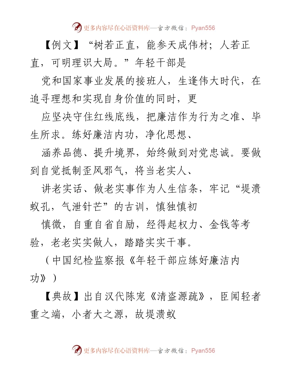 [发言] 党风廉政建设 - 年轻干部应练好廉洁内功，重视小节防微杜渐.docx_第1页
