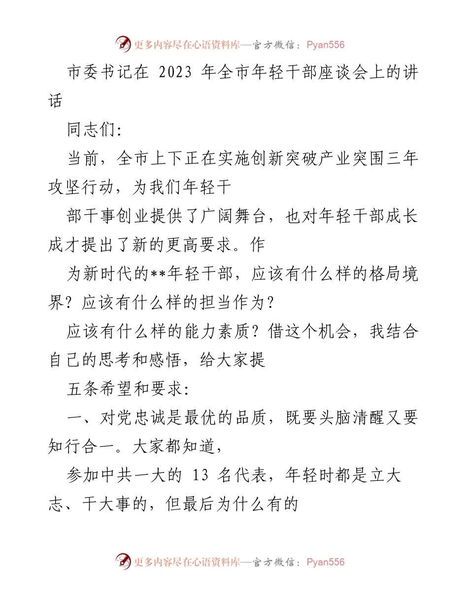 [发言] 全市年轻干部座谈会 - 年轻干部应具备的五项核心素质与要求.docx_第1页