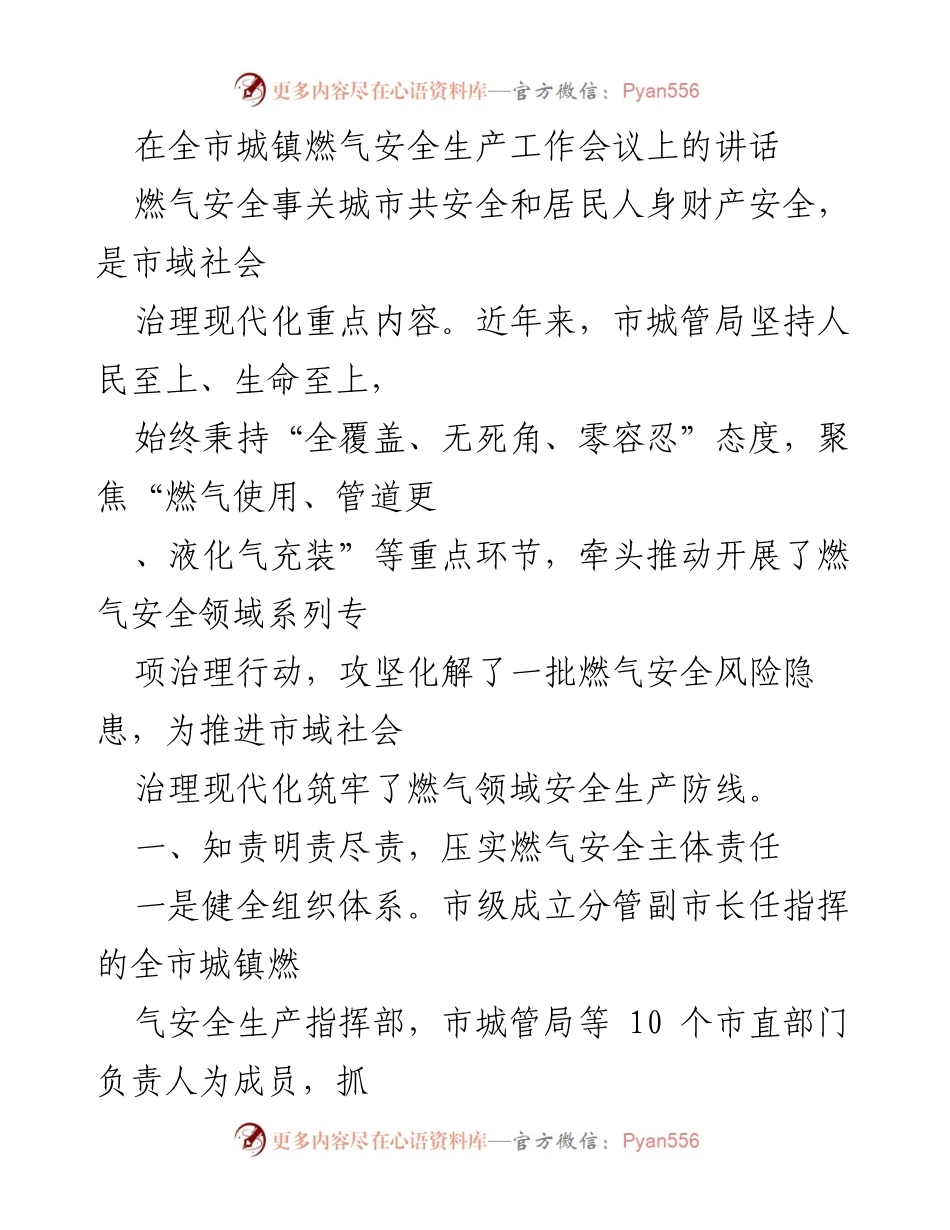 [发言] 全市城镇燃气安全生产工作会议 - 强化燃气安全责任，筑牢城市安全防线.docx_第1页