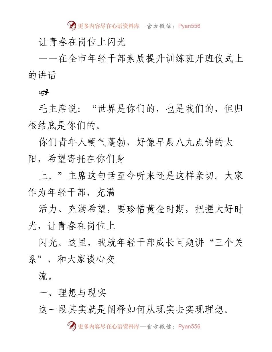 [发言] 全市年轻干部素质提升训练班开班仪式 - 让青春在岗位上闪光：年轻干部的理想与现实.docx_第1页