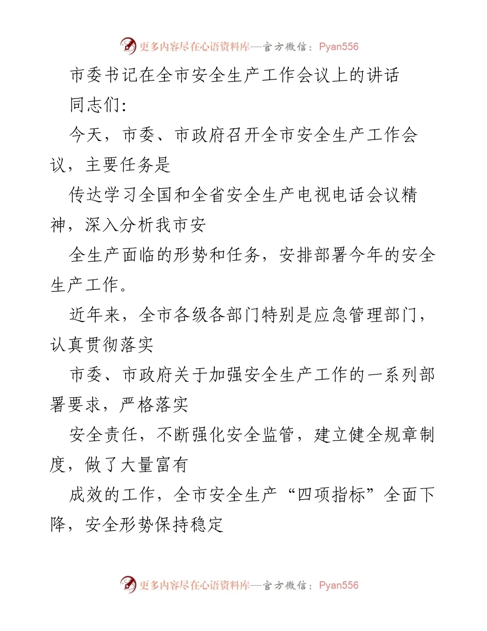 [发言] 全市安全生产工作会议 - 加强安全生产工作，保障经济社会发展.docx_第1页