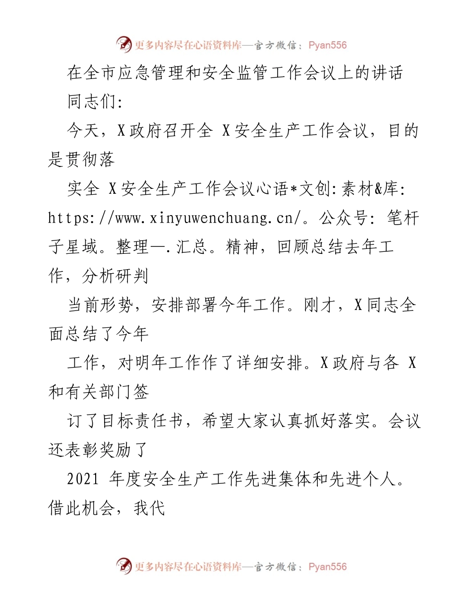 [发言] 全市应急管理和安全监管工作会议 - 强调安全生产责任，推动安全发展.docx_第1页