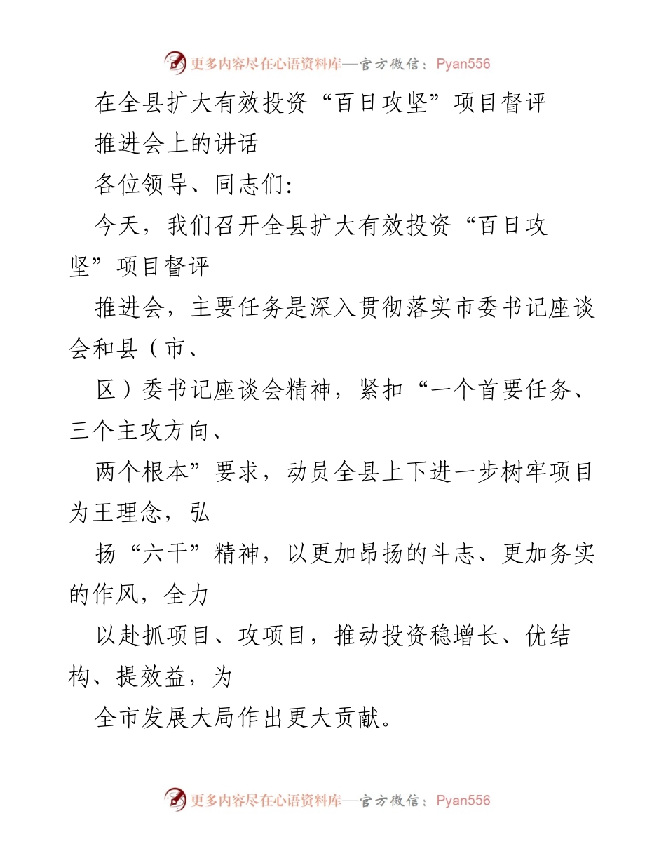 [发言] 全县扩大有效投资“百日攻坚”项目督评推进会 - 强调项目为王理念，凝聚攻坚共识.docx_第1页