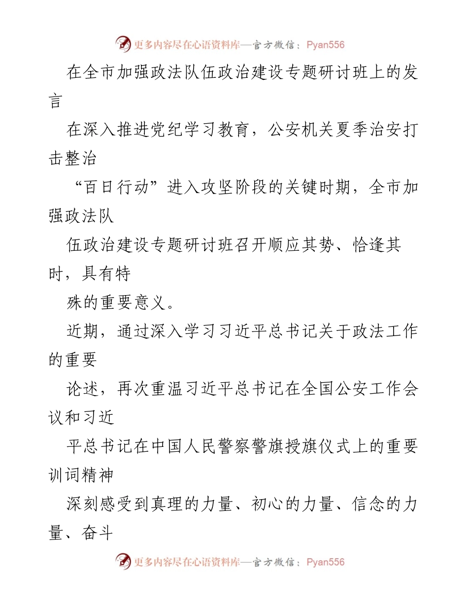 [发言] 全市加强政法队伍政治建设专题研讨班 - 加强政法队伍政治建设，推动公安工作新发展.docx_第1页