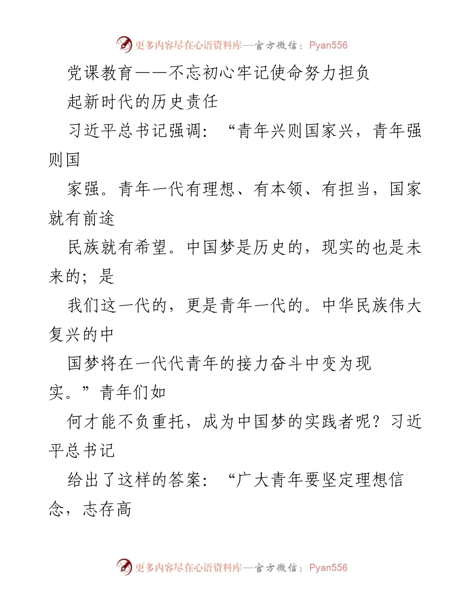 [发言] 党课教育 - 青年党员：不忘初心，牢记使命，担当历史责任.docx_第1页