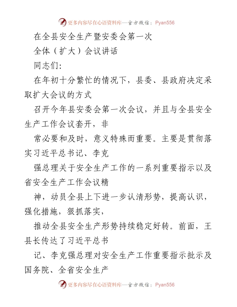 [发言] 全县安全生产暨安委会第一次全体会议 - 强化安全生产责任，确保全县安全形势持续稳定.docx_第1页