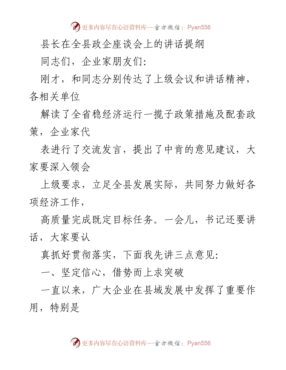 [发言] 全县政企座谈会 - 培养信心与政策应用，推动县域经济复苏.docx_第1页