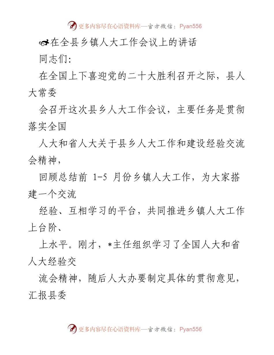 [发言] 全县乡镇人大工作会议 - 加强乡镇人大工作，推动经验交流与落实.docx_第1页