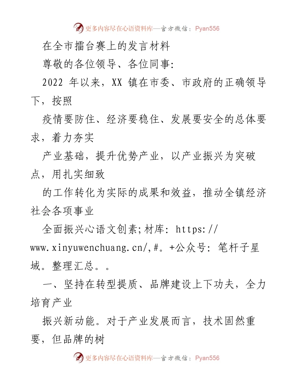 [发言] 全市擂台赛 - 产业振兴与品牌建设的探索与实践.docx_第1页