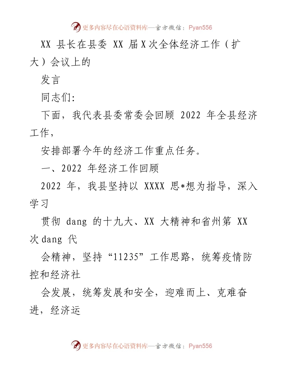 [发言] 全体经济工作会议 - XX 县长在经济工作会议上的发言总结与展望.docx_第1页