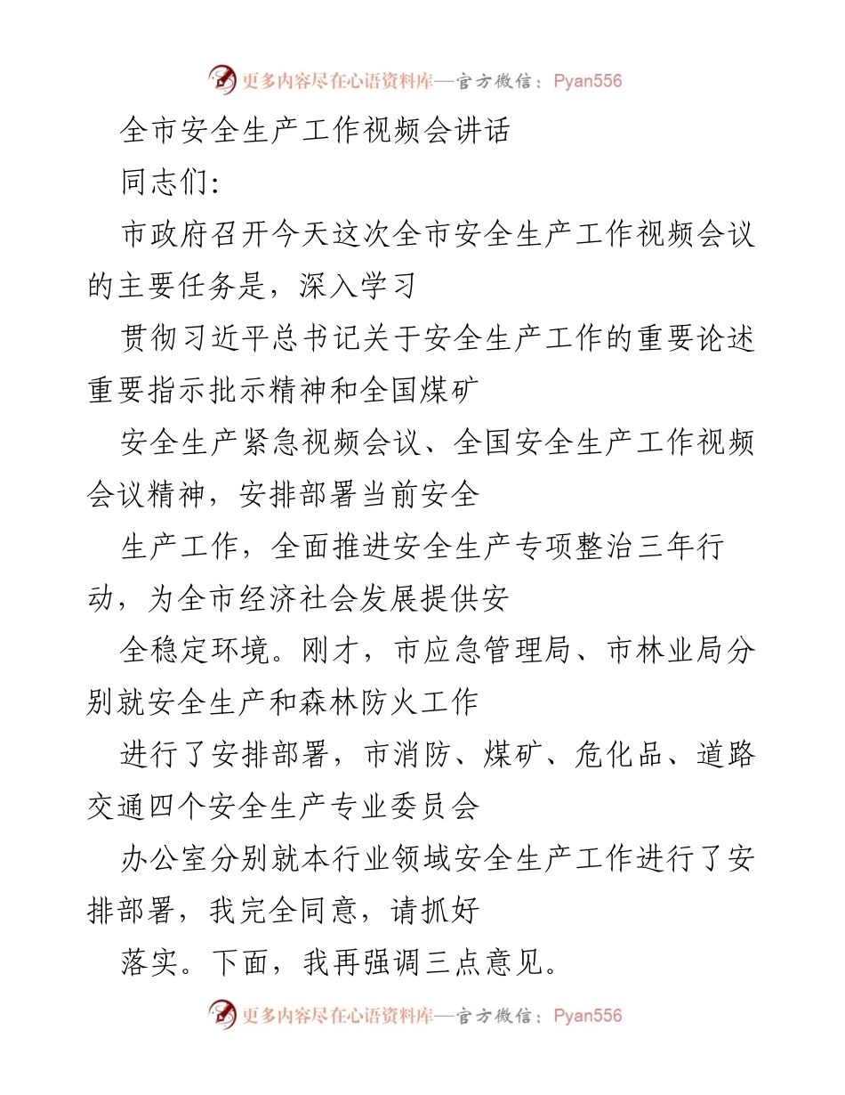 [发言] 全市安全生产工作视频会议 - 深入贯彻习近平总书记安全生产重要指示精神.docx_第1页