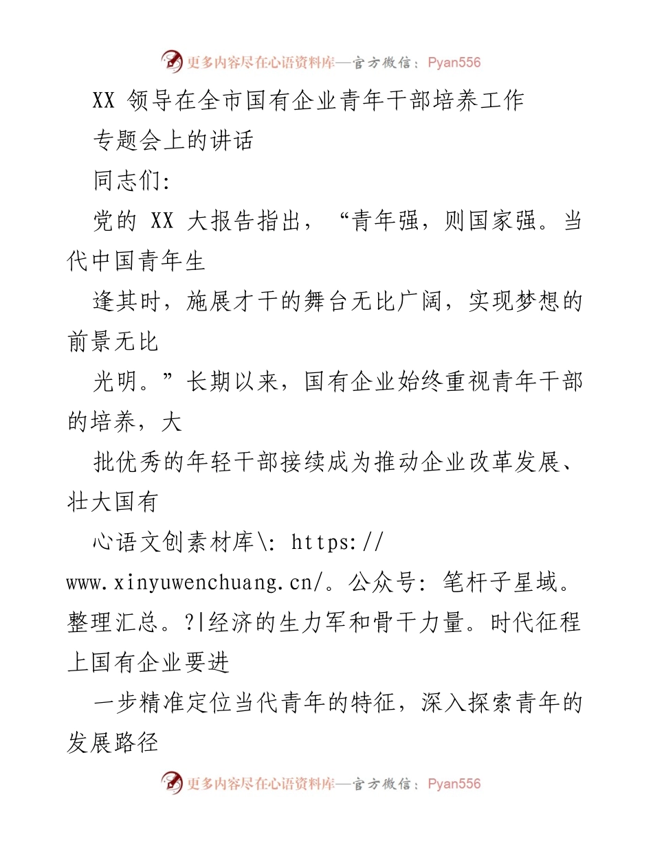 [发言] 全市国有企业青年干部培养工作专题会 - 国有企业青年干部培养的重要性与实践探索.docx_第1页