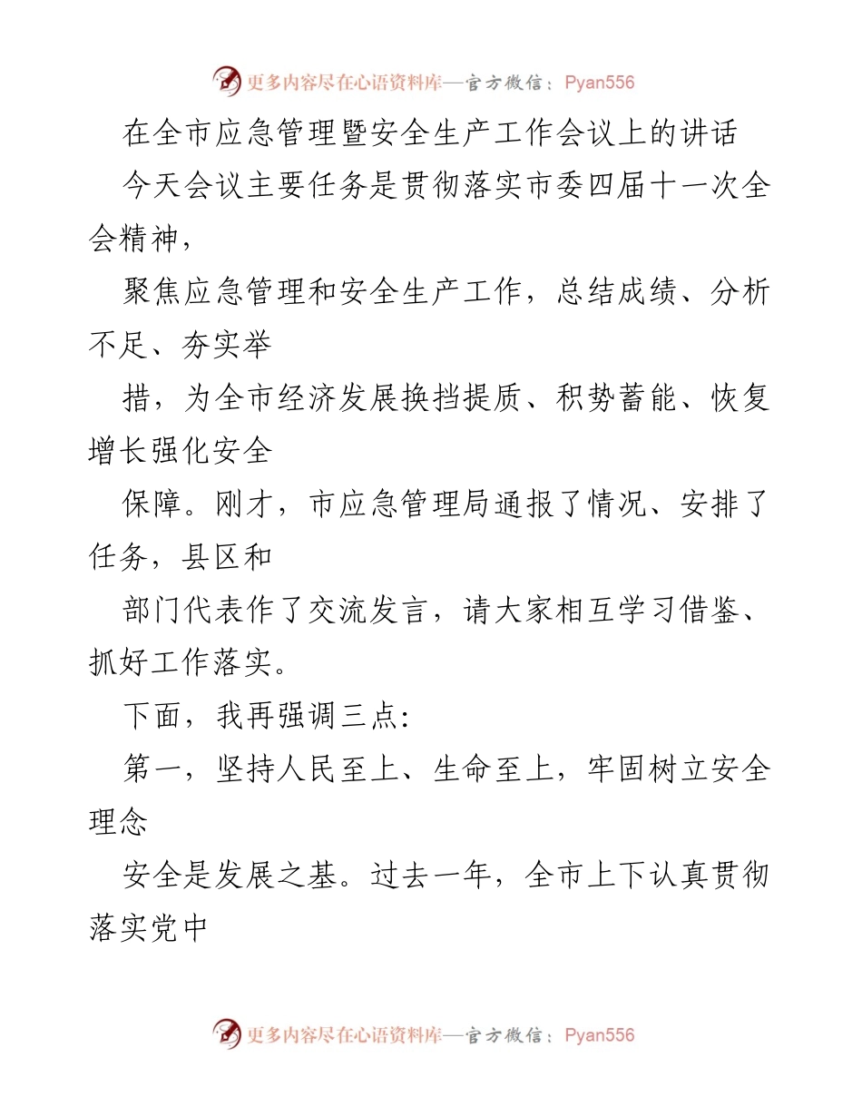 [发言] 全市应急管理暨安全生产工作会议 - 强化安全保障，落实应急管理与安全生产工作.docx_第1页