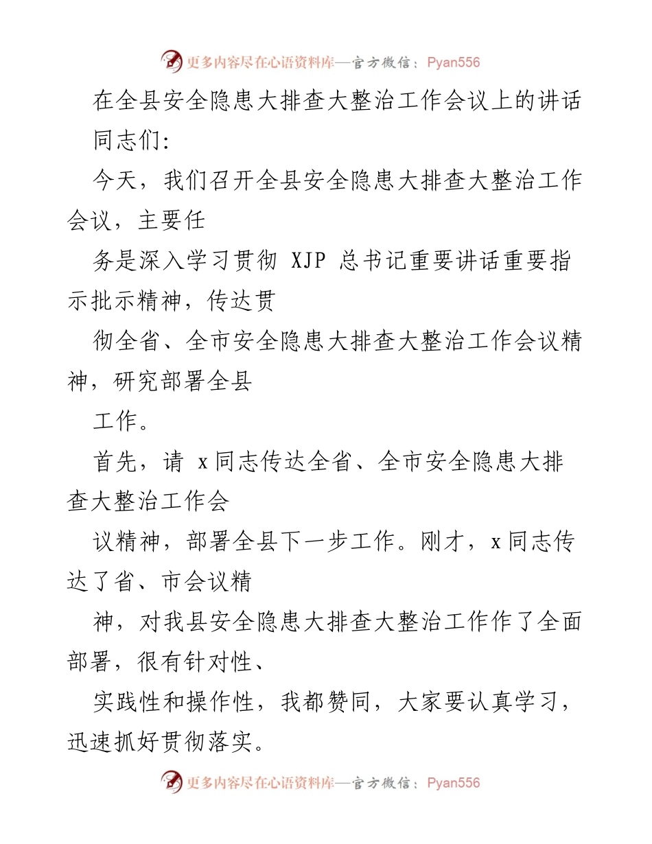 [发言] 全县安全隐患大排查大整治工作会议 - 加强安全隐患排查，确保生产安全.docx_第1页