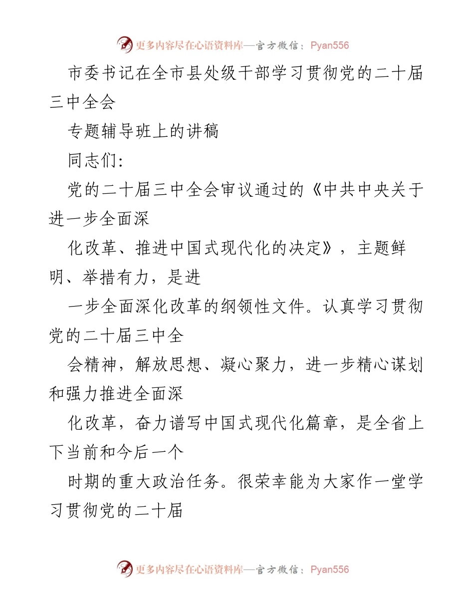 [发言] 全市县处级干部学习贯彻党的二十届三中全会专题辅导班 - 深入学习贯彻党的二十届三中全会精神，推进中国式现代化.docx_第1页