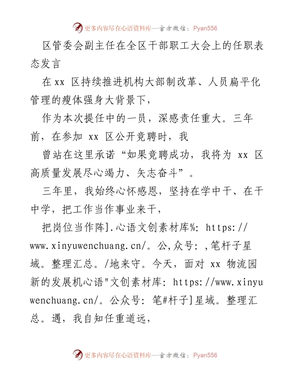 [发言] 全区干部职工大会 - 区管委会副主任任职表态发言：承诺高质量发展，聚焦创新与实干.docx_第1页
