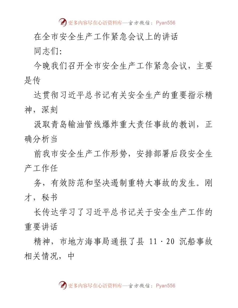 [发言] 全市安全生产工作紧急会议 - 强化安全意识，确保安全生产责任落实.docx_第1页