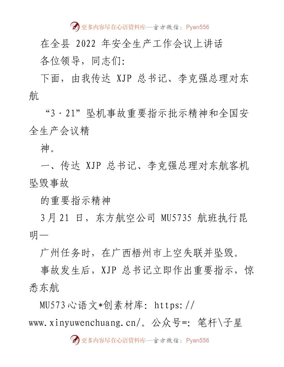 [发言] 全县安全生产工作会议 - 传达安全生产工作会议精神及领导指示.docx_第1页