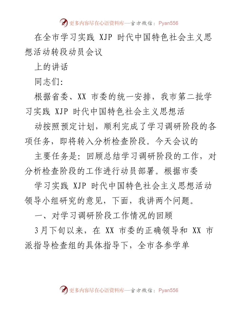 [发言] 全市学习实践活动转段动员会议 - 总结与部署：推动 XJP 时代中国特色社会主义思想学习实践活动转段.docx_第1页