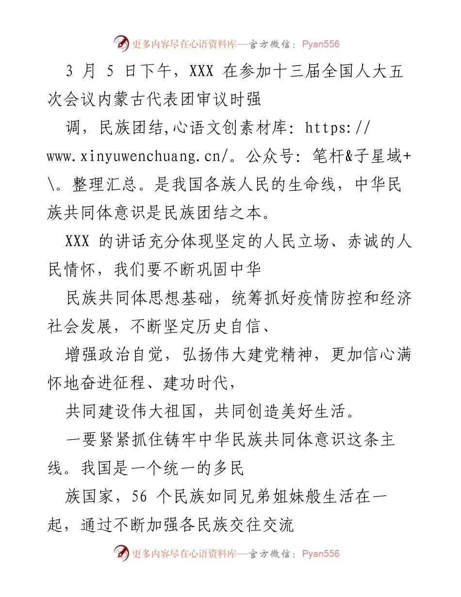 [发言] 全国人大会议 - 加强民族团结与推动高质量发展的重要讲话.docx_第1页