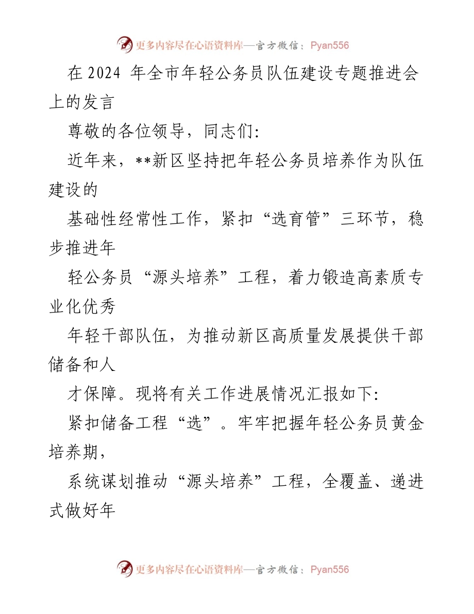 [发言] 全市年轻公务员队伍建设专题推进会 - 加强年轻公务员培养，助力新区高质量发展.docx_第1页