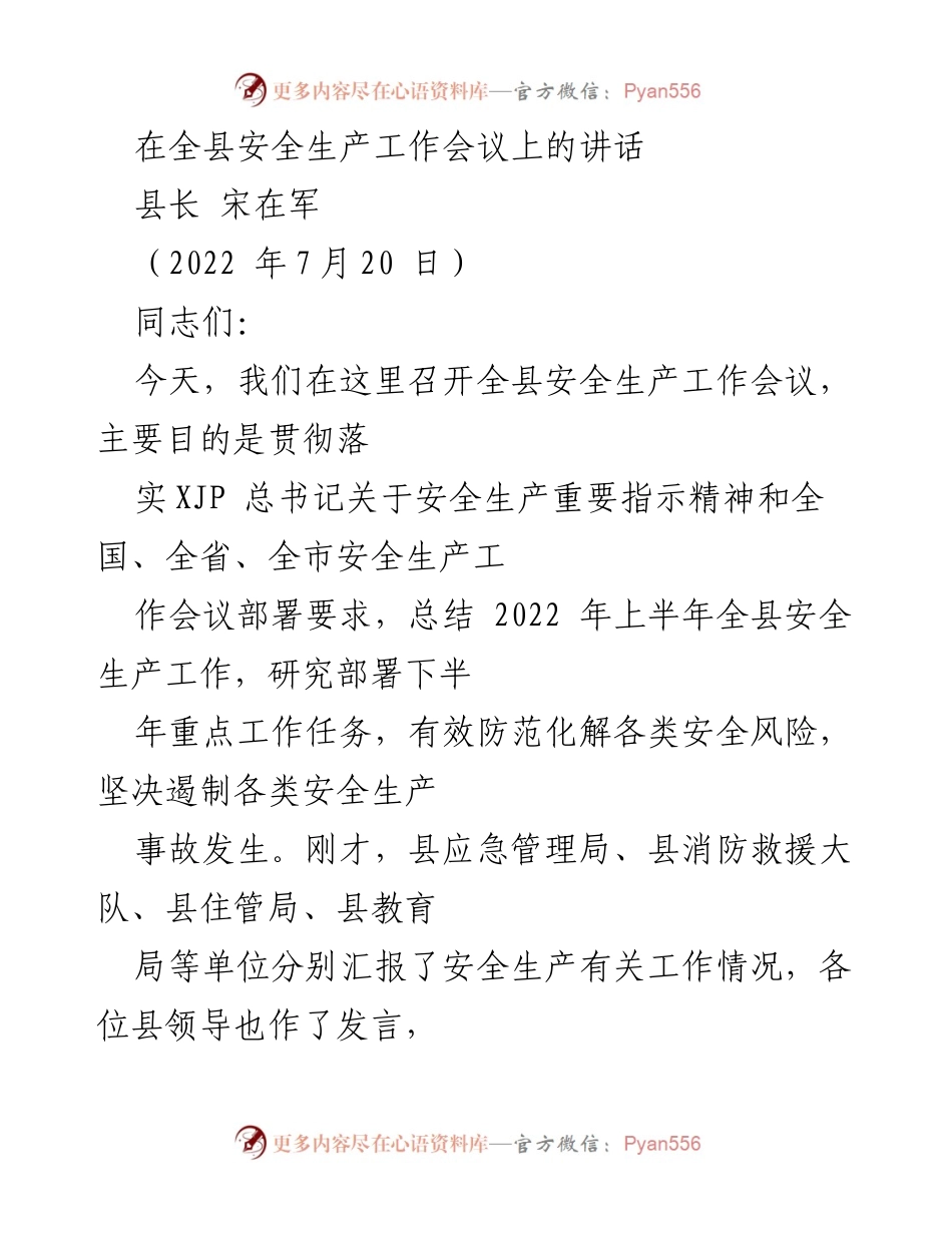 [发言] 全县安全生产工作会议 - 加强安全生产工作，确保人民生命财产安全_1.docx_第1页