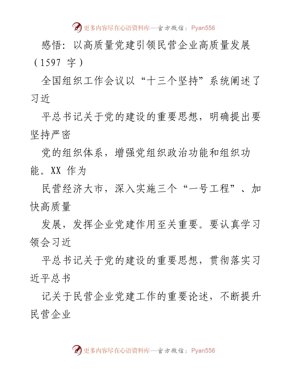 [发言] 全国组织工作会议 - 以高质量党建引领民营企业高质量发展.docx_第1页