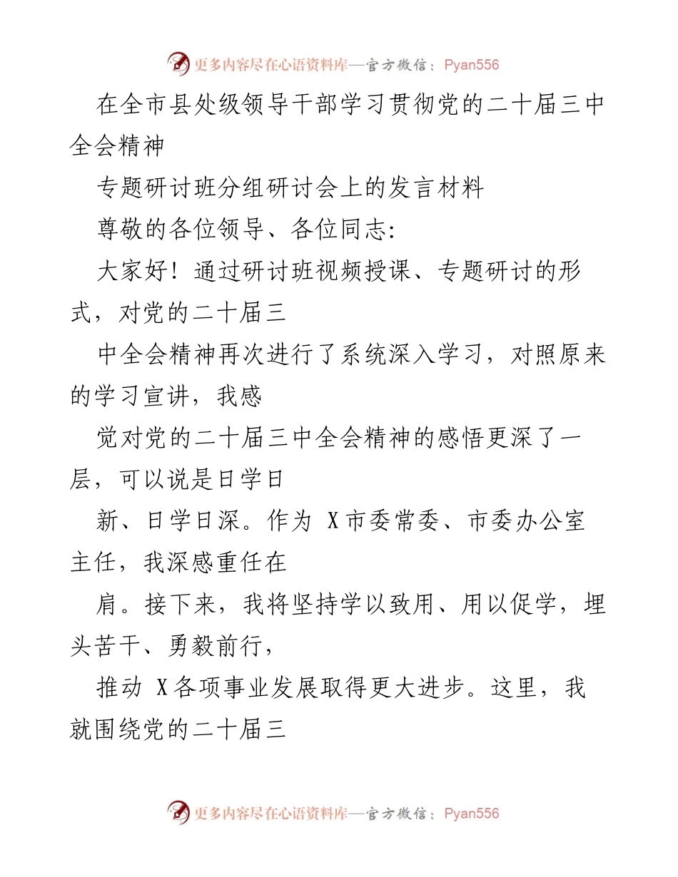 [发言] 全市县处级领导干部学习贯彻党的二十届三中全会精神专题研讨班 - 深入学习党的二十届三中全会精神，推动全面深化改革.docx_第1页
