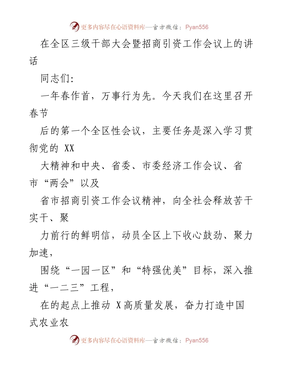 [发言] 全区三级干部大会暨招商引资工作会议 - 深入学习贯彻党的精神，推动高质量发展.docx_第1页