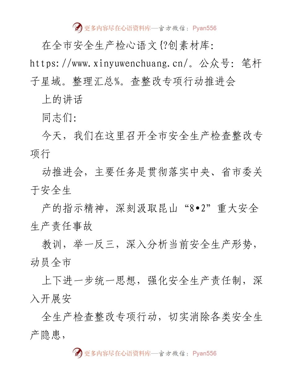 [发言] 全市安全生产检查整改专项行动推进会 - 深刻汲取教训，强化安全生产责任，确保人民生命财产安全.docx_第1页