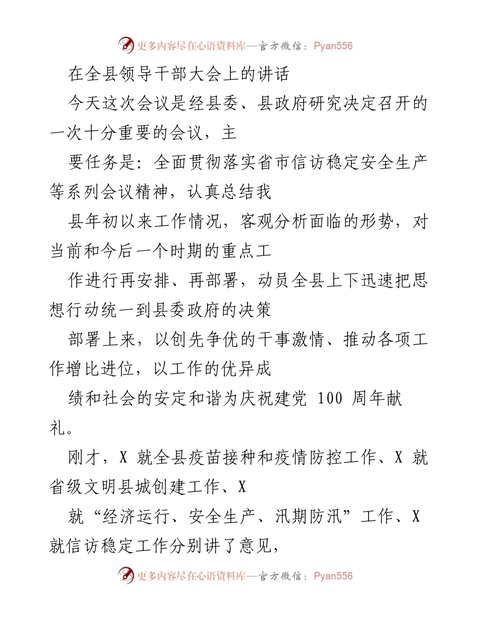 [发言] 全县领导干部大会 - 加强落实 确保发展与安全并重.docx_第1页