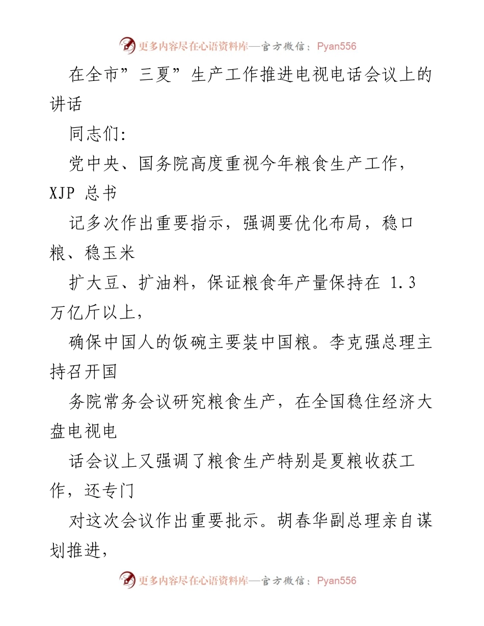 [发言] 全市“三夏”生产工作推进电视电话会议 - 强调粮食安全与夏粮收获的重要性.docx_第1页