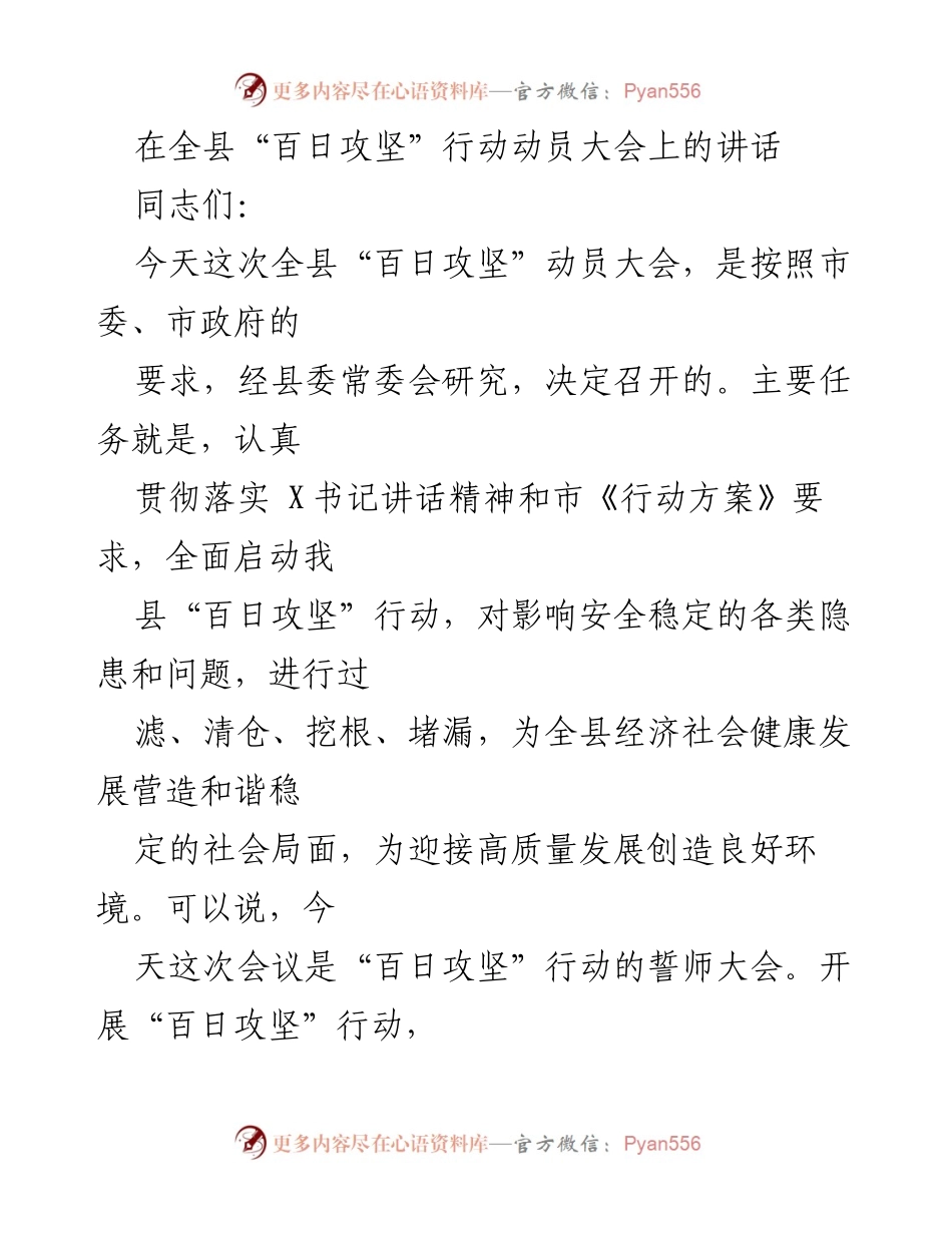 [发言] 全县“百日攻坚”行动动员大会 - 强化责任，确保安全稳定，为高质量发展保驾护航.docx_第1页