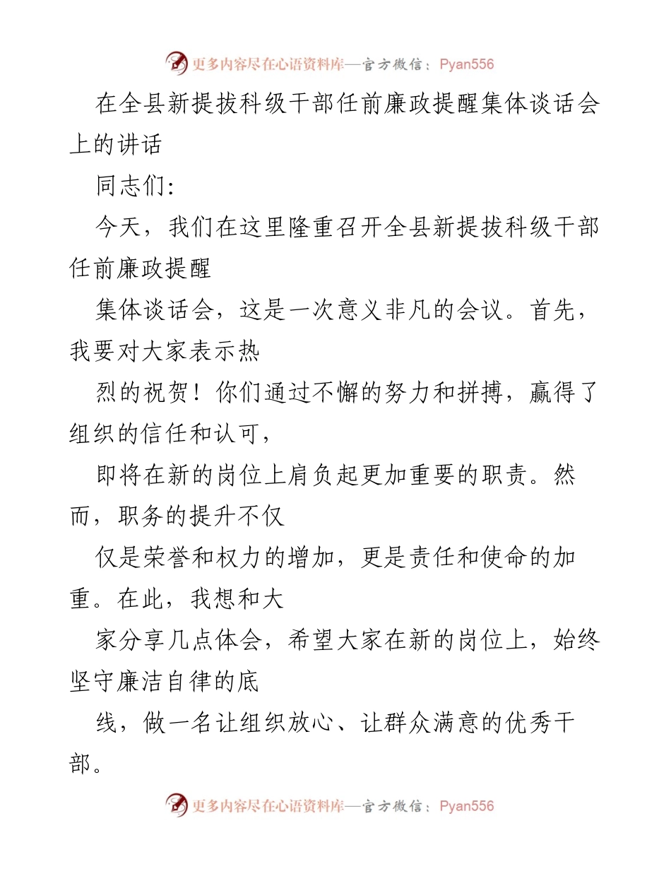 [发言] 全县新提拔科级干部任前廉政提醒集体谈话会 - 新任科级干部廉政自律的重要性与责任担当.docx_第1页