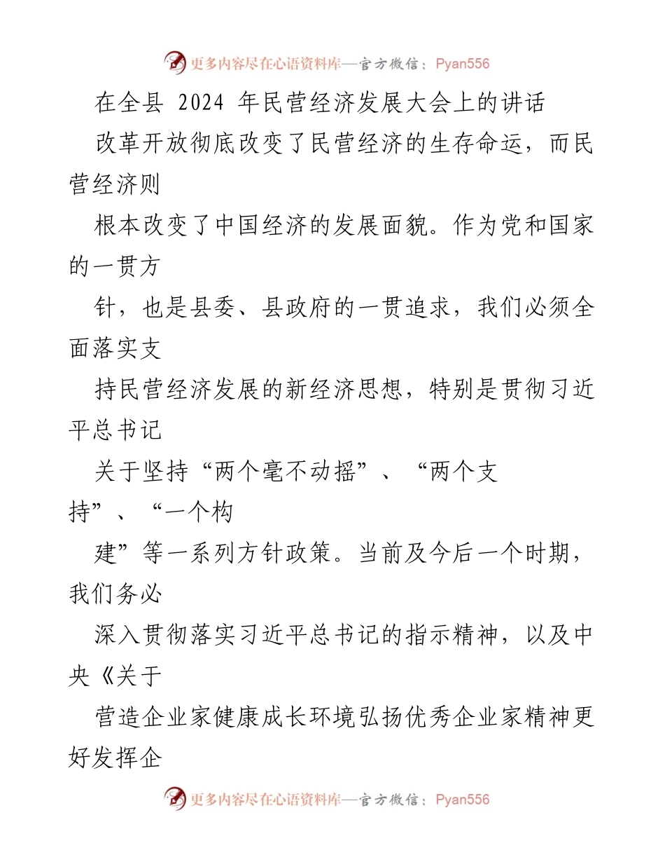 [发言] 全县2024年民营经济发展大会 - 支持民营经济发展的新政策与目标.docx_第1页