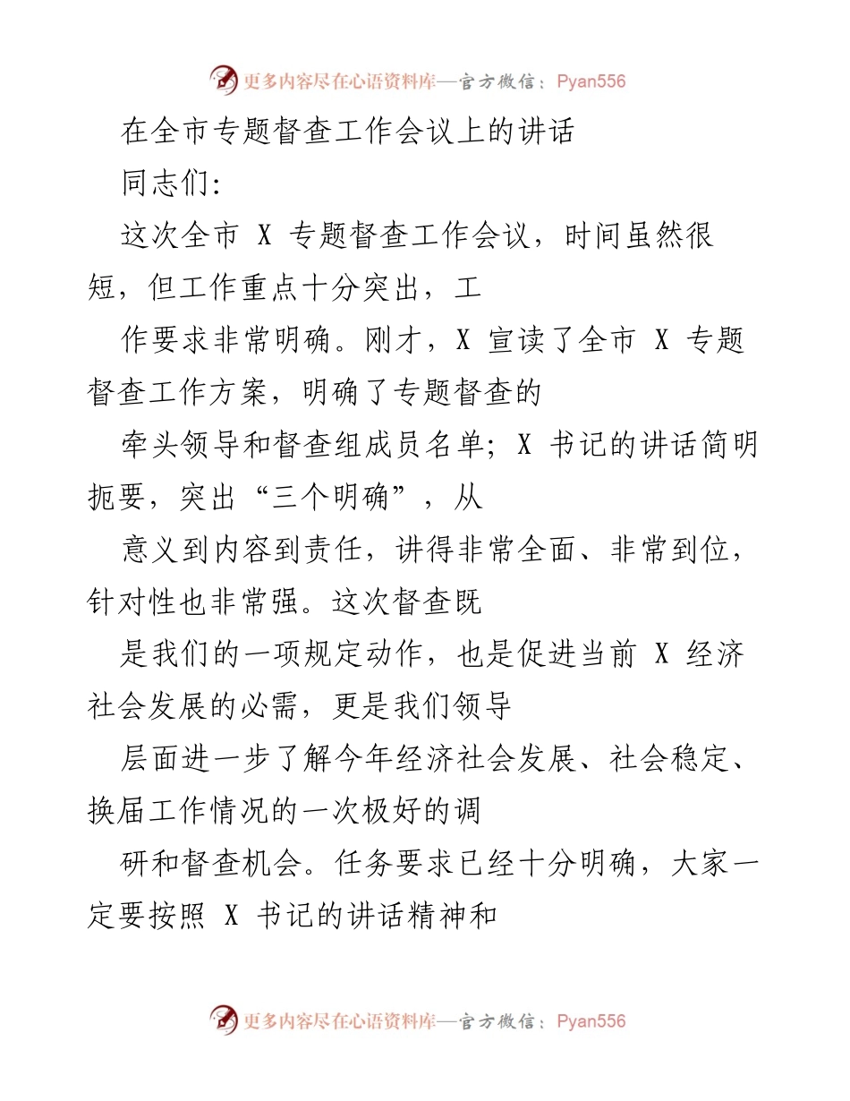 [发言] 全市专题督查工作会议 - 强化督查意识，确保经济社会发展成效.docx_第1页