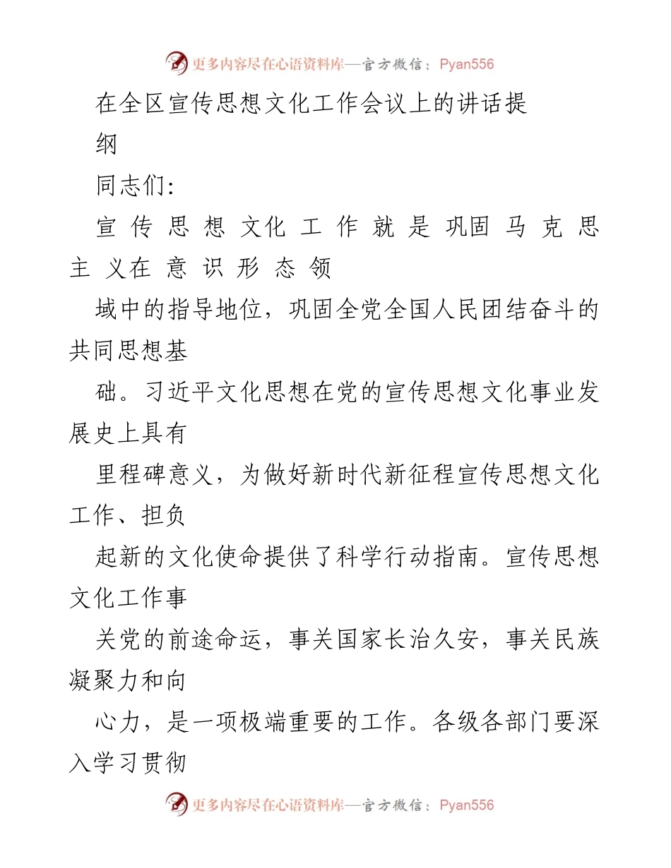 [发言] 全区宣传思想文化工作会议 - 强调宣传思想文化工作的重要性与党的领导原则.docx_第1页