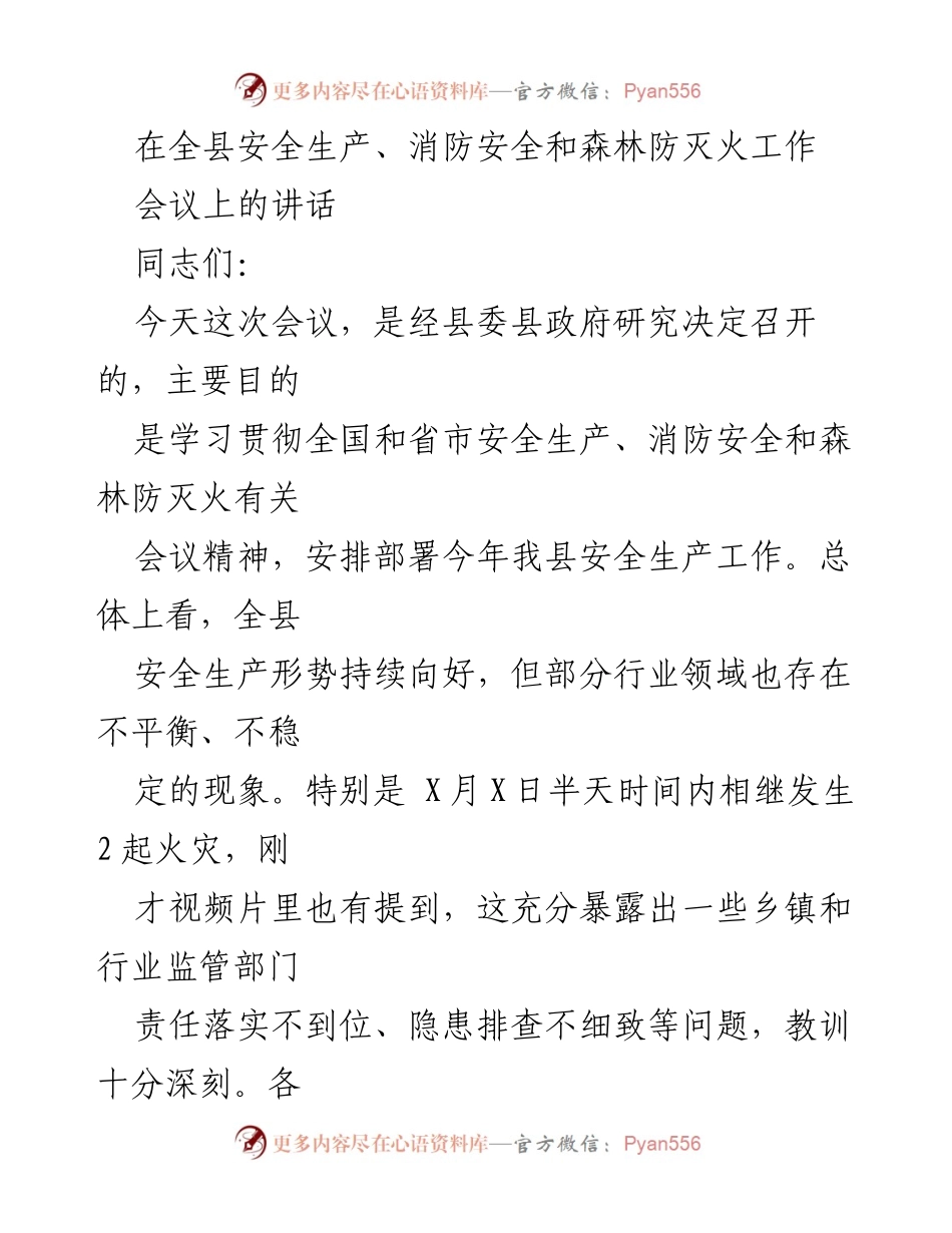[发言] 全县安全生产、消防安全和森林防灭火工作会议 - 加强安全生产责任落实，确保消防安全与防灭火工作有效实施.docx_第1页