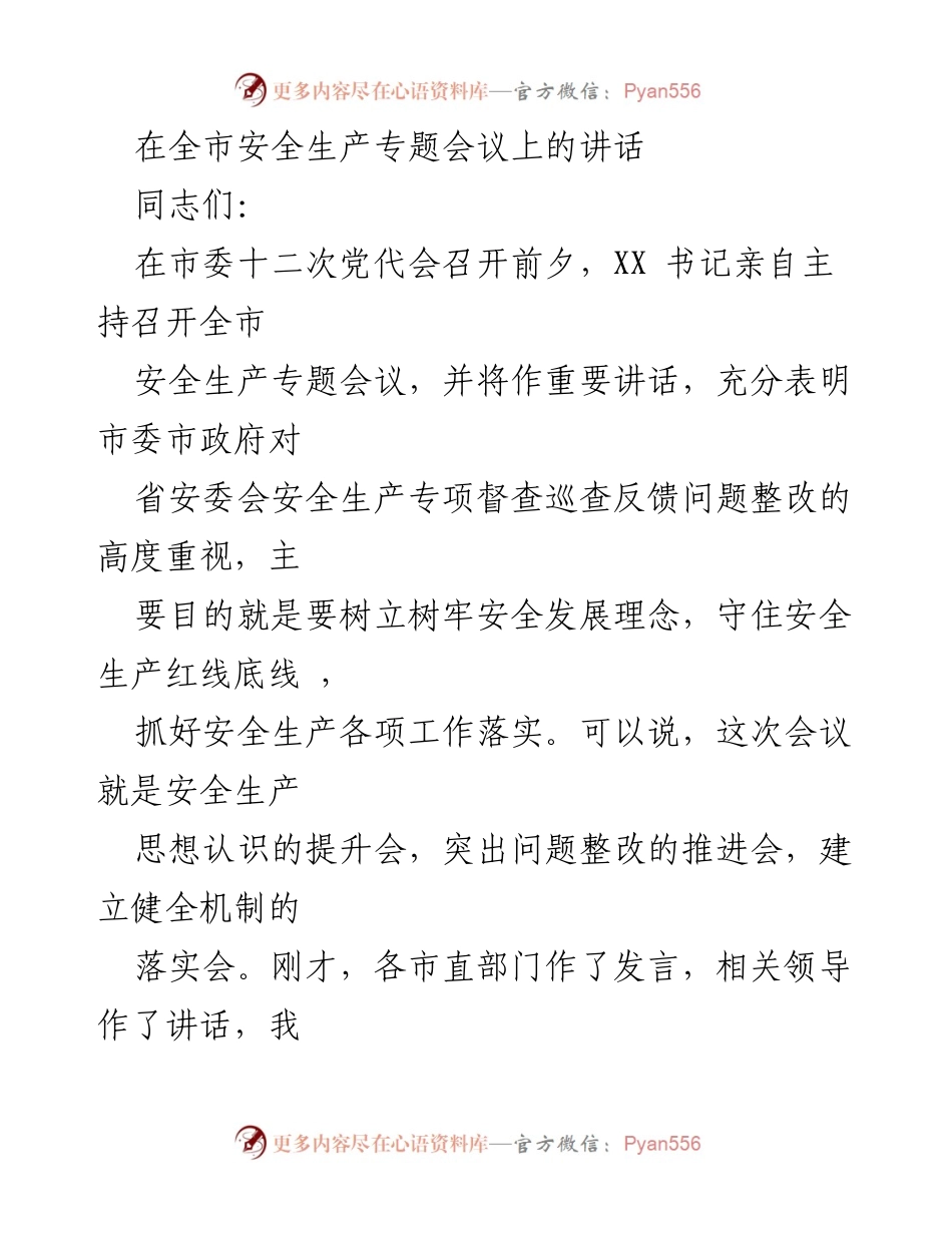 [发言] 全市安全生产专题会议 - 强化安全生产意识，落实整改措施.docx_第1页