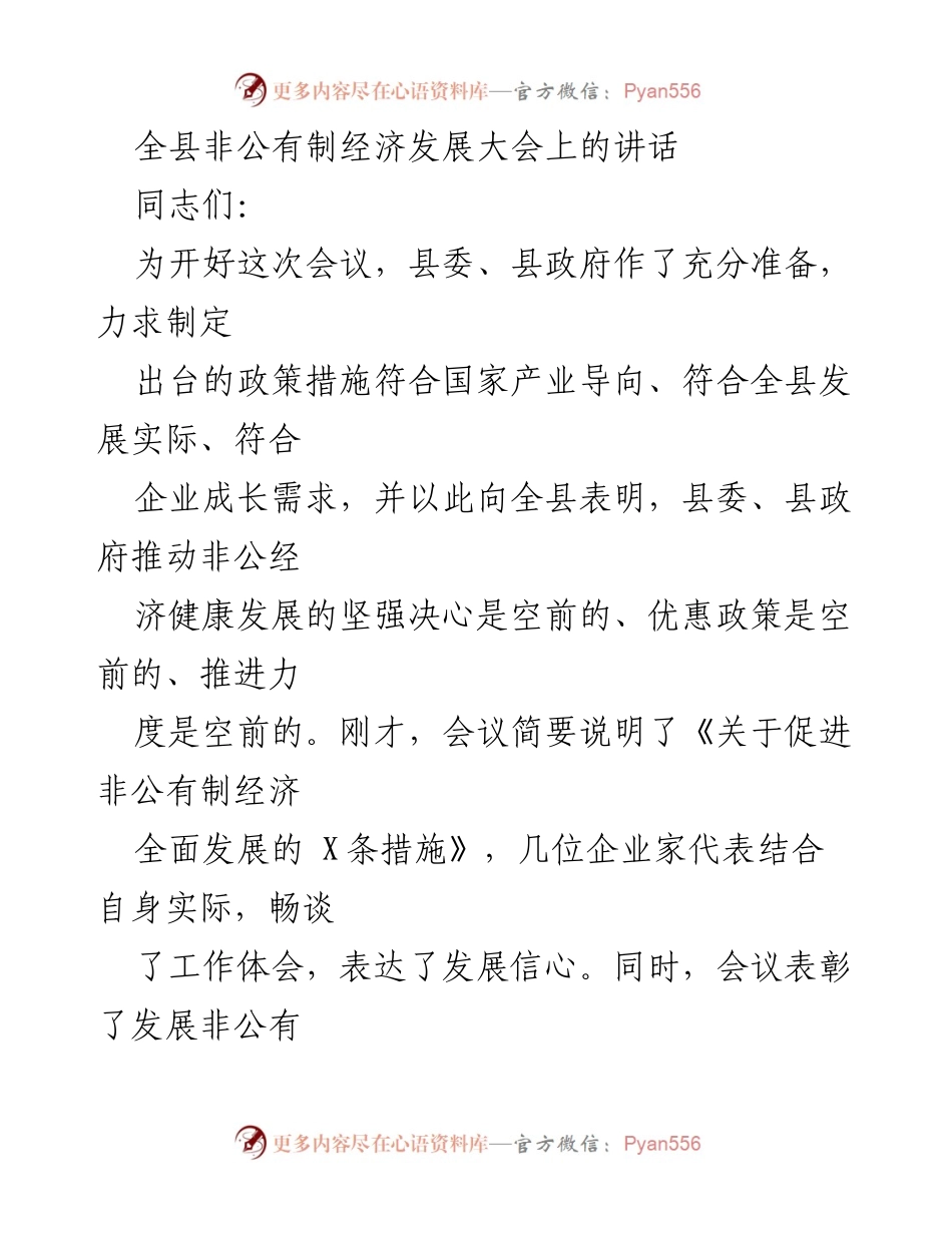 [发言] 全县非公有制经济发展大会 - 推动非公经济发展的坚定决心与成就总结.docx_第1页