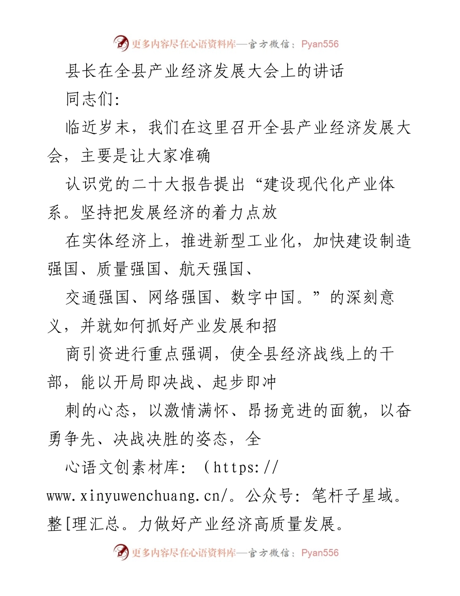 [发言] 全县产业经济发展大会 - 加快产业转型升级，推动高质量发展.docx_第1页