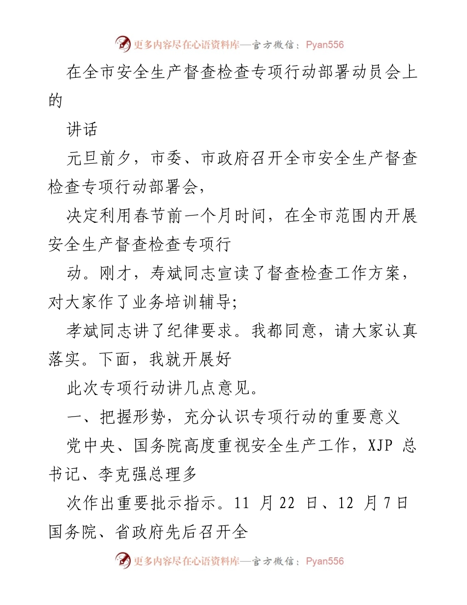 [发言] 全市安全生产督查检查专项行动部署动员会 - 加强安全生产意识，保障春节期间安全稳定.docx_第1页