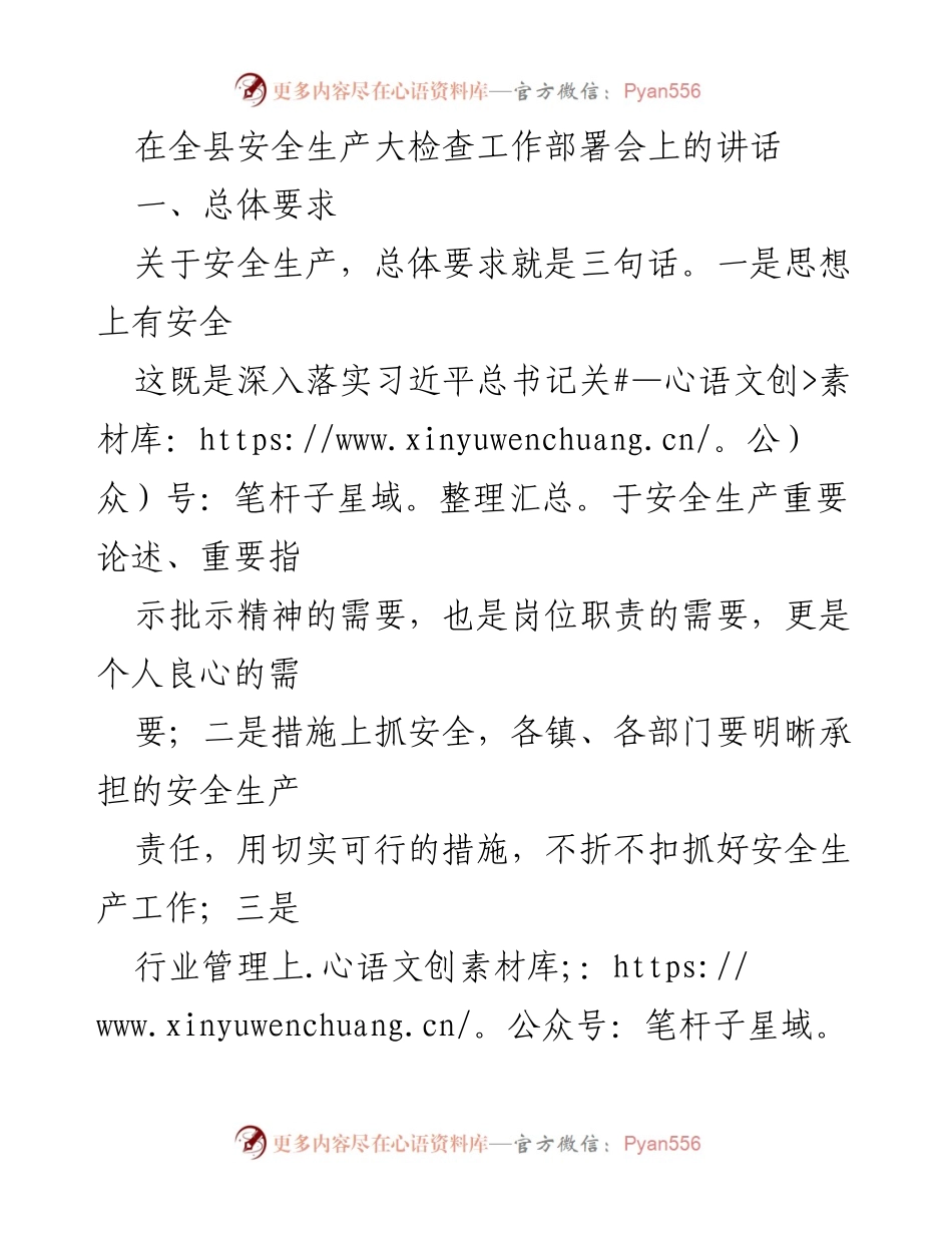 [发言] 全县安全生产大检查工作部署会 - 强化安全生产责任，确保隐患排查和整改到位.docx_第1页